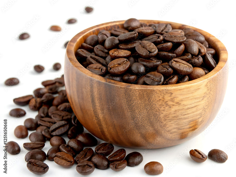 Fototapeta premium Scoop of coffee beans in a bag on white background. Coffee in scoop isolated. Top view of coffee