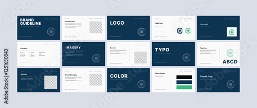 Brand identity design template. Complete Brand Guidelines Template, Creative brand guidelines layout, brand identity manual presentation, Logo and brand strategy guide, Logo guideline book.