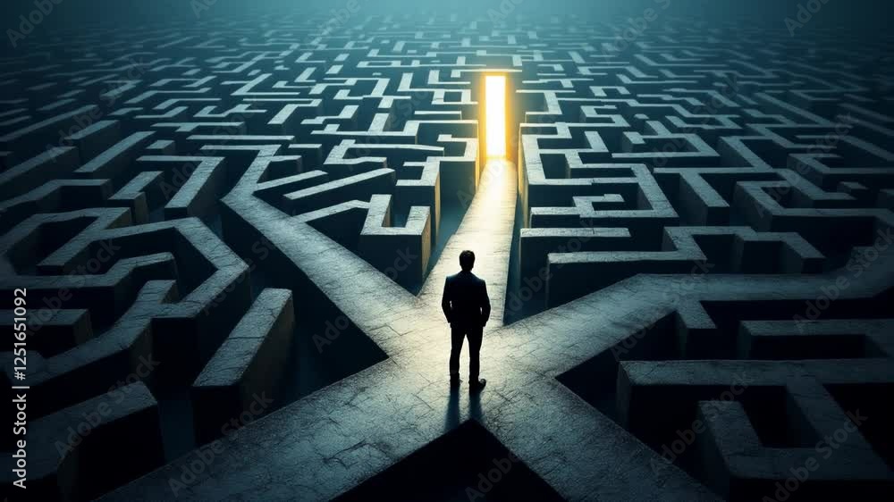 Silhouette of a Businessman at a Crossroads in a Complex Stone Maze with a Bright Exit Silhouette of a Businessman at a Crossroads in a Complex Stone Maze with a Bright Exit