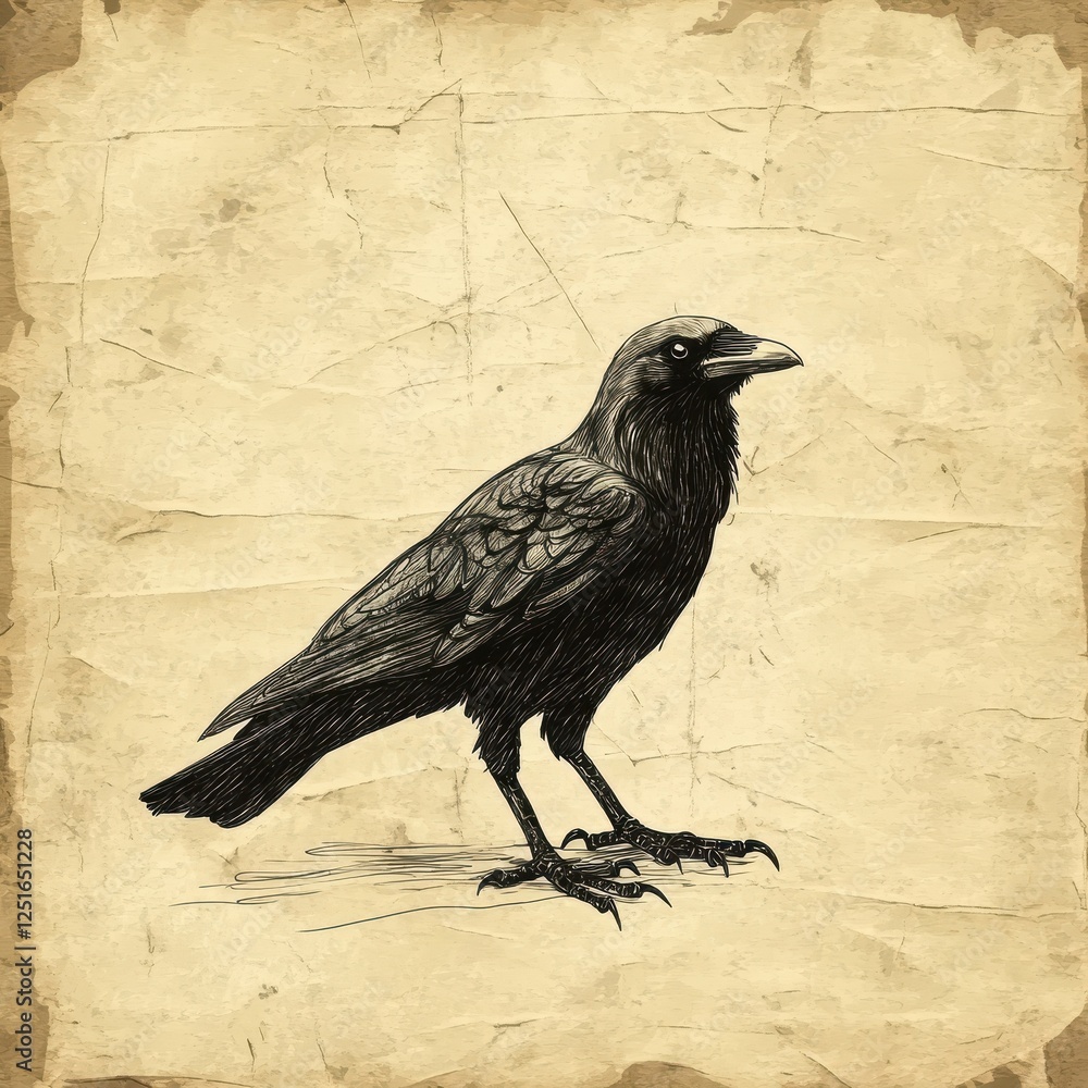 Fototapeta premium Detailed sketch of a black raven on textured antique paper