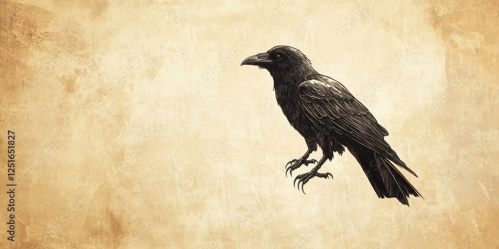 Fototapeta premium Detailed illustration shows a raven perched on a parchment background