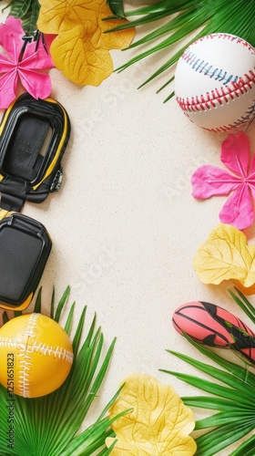 Summer sports accessories framed by tropical flowers photo