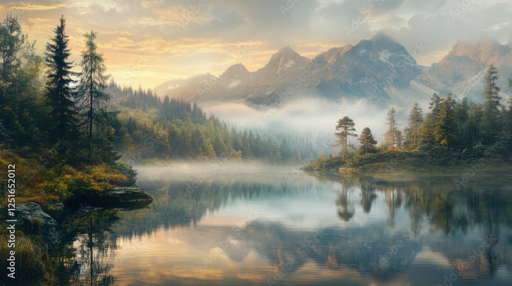 Fototapeta premium Dawn's light filters through mist, casting a tranquil glow on the lake, where reflections of trees and mountains merge with the still waters