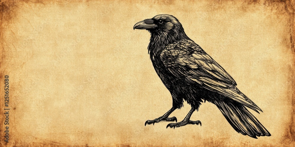 Fototapeta premium Detailed illustration of a raven on textured parchment background