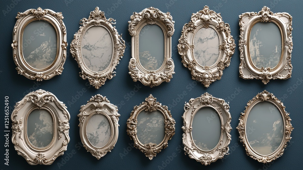 A collection of ornate picture frames arranged on a blue wall. A collection of ornate picture frames arranged on a blue wall.