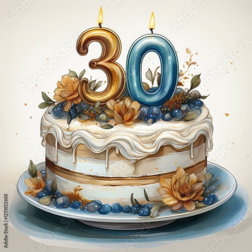 Illustration of decorated white cake for birthday or anniversary party. Number 30, thirtieth birthday celebration photo