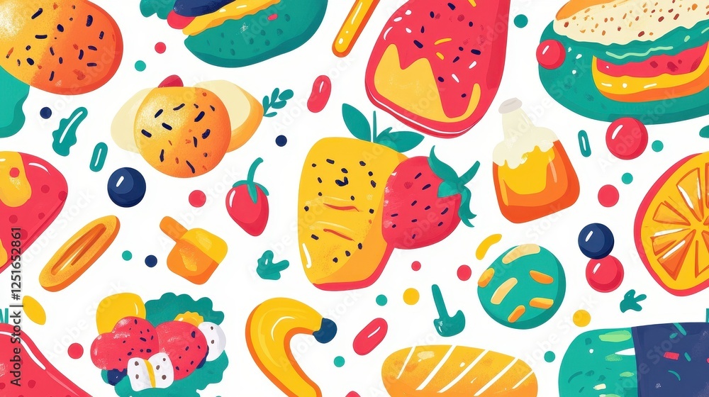Colorful and playful food and drink illustration pattern background Colorful and playful food and drink illustration pattern background