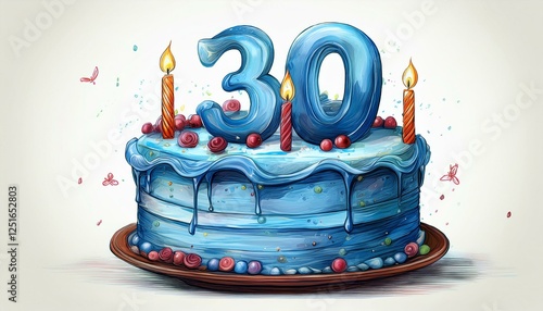 Illustration of decorated blue cake for birthday or anniversary party. Number 30, thirtieth birthday celebration