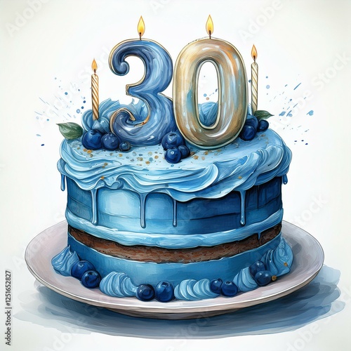 Illustration of decorated blue cake for birthday or anniversary party. Number 30, thirtieth birthday celebration photo