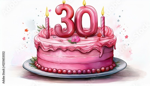 Illustration of decorated pink cake for birthday or anniversary party. Number 30, thirtieth birthday celebration photo