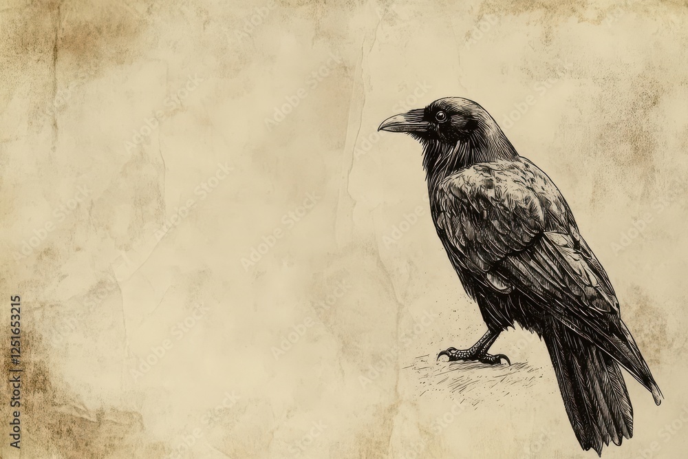 Fototapeta premium Detailed ink drawing of a raven on parchment paper