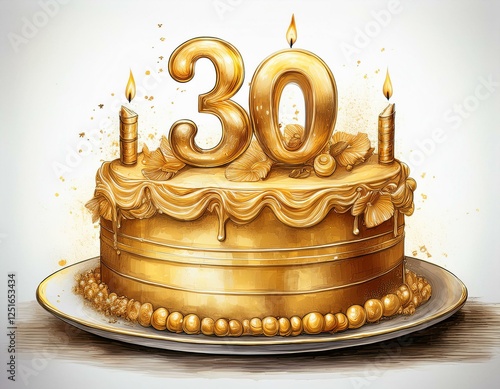 Illustration of decorated gold cake for birthday or anniversary party. Number 30, thirtieth birthday celebration photo