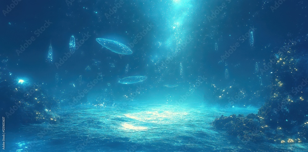 Illuminated underwater landscape featuring jellyfish like organisms and rocky formations Illuminated underwater landscape featuring jellyfish like organisms and rocky formations