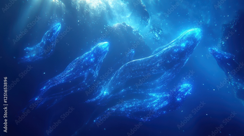 Bioluminescent jellyfish swim gracefully in deep blue ocean water Bioluminescent jellyfish swim gracefully in deep blue ocean water