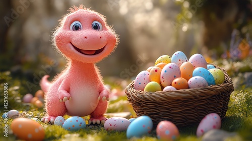 A cheerful, pink dragon character surrounded by a colorful assortment of Easter eggs, set in a vibrant, whimsical forest scene. Perfect for spring celebrations and festive themes. photo