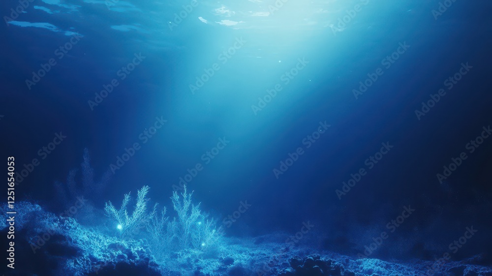 Fototapeta premium Underwater scene shows sunlight filtering through the blue ocean