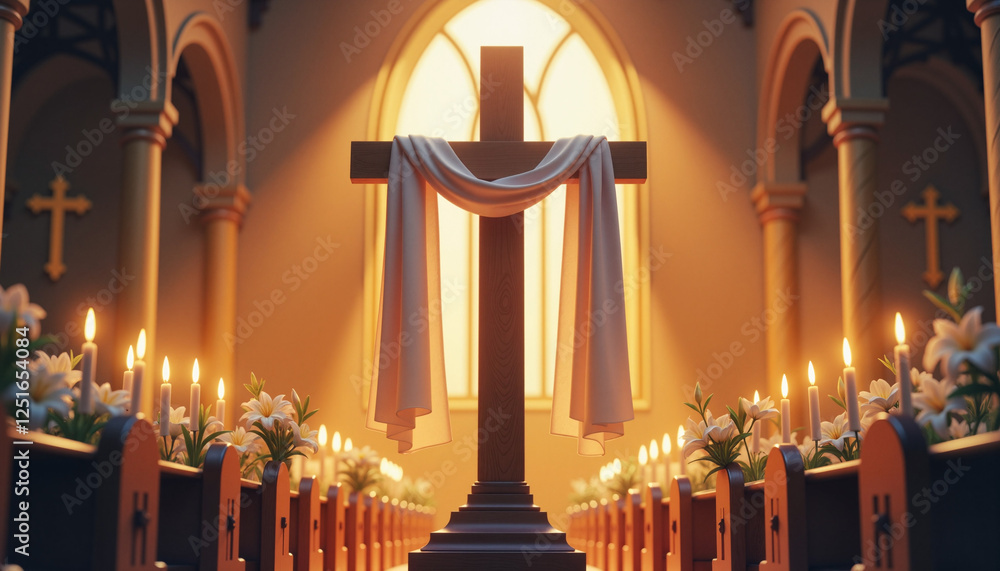 Fototapeta premium Large wooden cross adorned with white cloth, candles, and Easter lilies in a church