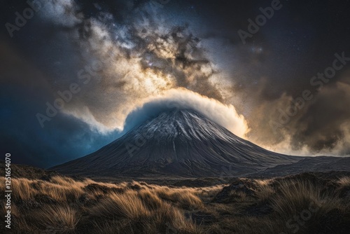 A stunning long-exposure shot where the Milky Way radiant core aligns perfectly with a dramatic mountain peak, creating a striking contrast between earth and sky photo