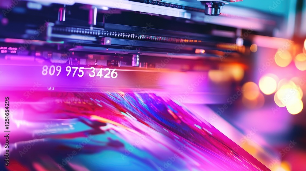 A close-up view of a high-speed digital printing machine in operation. A close-up view of a high-speed digital printing machine in operation.