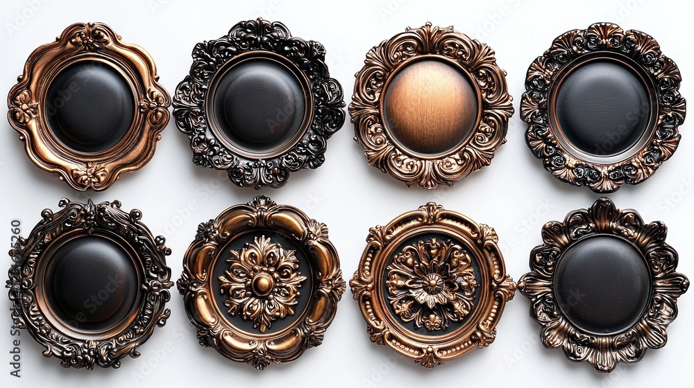 A collection of ornate decorative wall plates in various finishes. A collection of ornate decorative wall plates in various finishes.