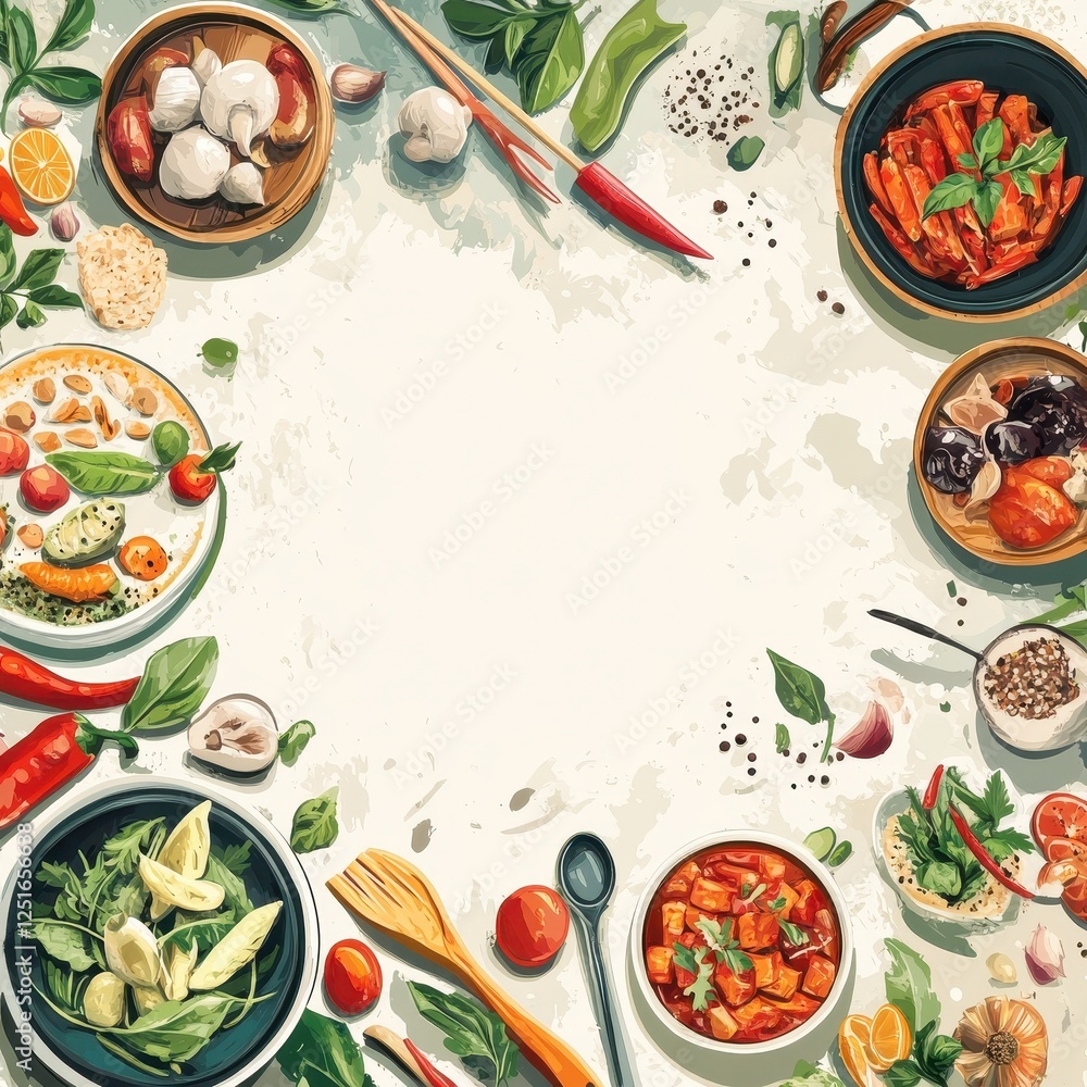 Artfully arranged ingredients and dishes create a vibrant culinary scene Artfully arranged ingredients and dishes create a vibrant culinary scene