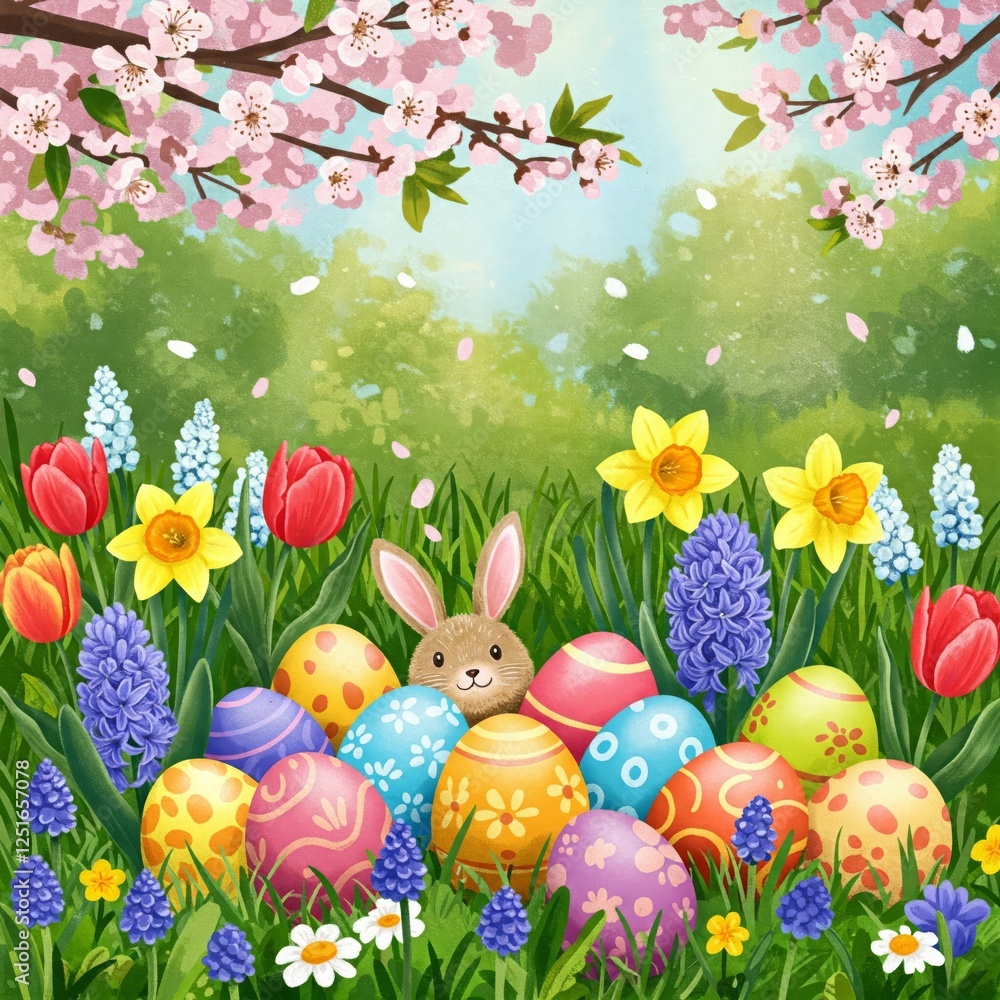 Fototapeta premium Happy Easter. Bunnies, eggs and flowers