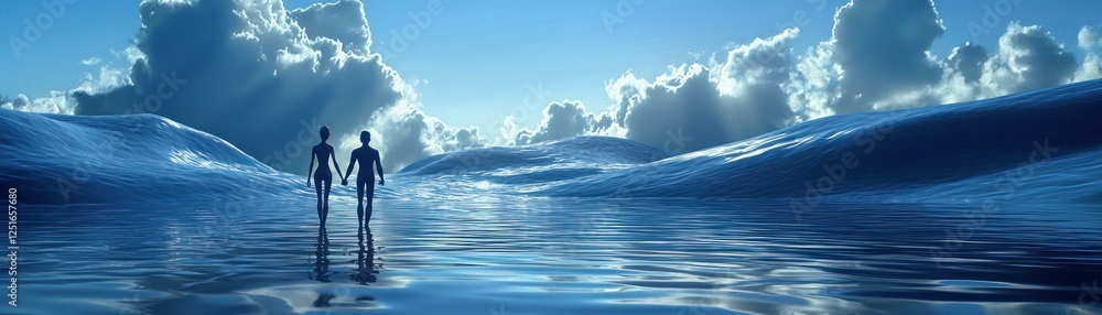 Couple walking on a cloudy sea; peaceful, serene background; digital art; stock photo Couple walking on a cloudy sea; peaceful, serene background; digital art; stock photo