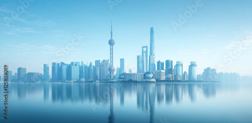The skyline of a modern city with tall buildings and a hazy sky in the background. In the foreground is a calm body of water that clearly reflects the city