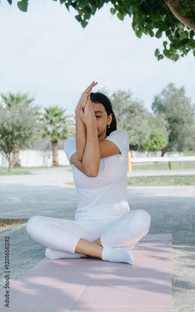 Latina teenager doing yoga under a tree at the park (Seated eagle pose) Latina teenager doing yoga under a tree at the park (Seated eagle pose)