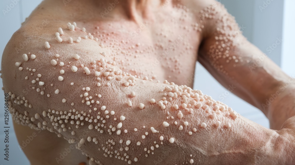 Close-up view of a man's arm and upper body covered in numerous small, flesh-colored bumps, possibly indicative of a skin condition. Close-up view of a man's arm and upper body covered in numerous small, flesh-colored bumps, possibly indicative of a skin condition.