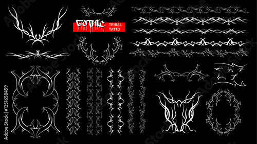 set of tribal decorative elements . Black and white illustration.