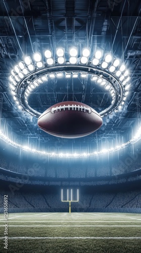 Football stadium interior, illuminated ball, empty field photo