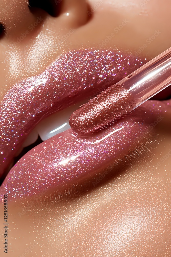 Fototapeta premium Close-up of plump lips with shimmering pink gloss being applied with metallic applicator wand, showcasing sparkly, glossy texture for cosmetic and beauty advertising.