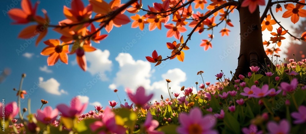 Blooming tree with pink flowers blooming below
Blooming tree with pink flowers blooming below