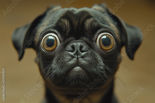 Curious pug gazes at the camera with wide eyes indoors during late afternoon lighting in a cozy environment photo