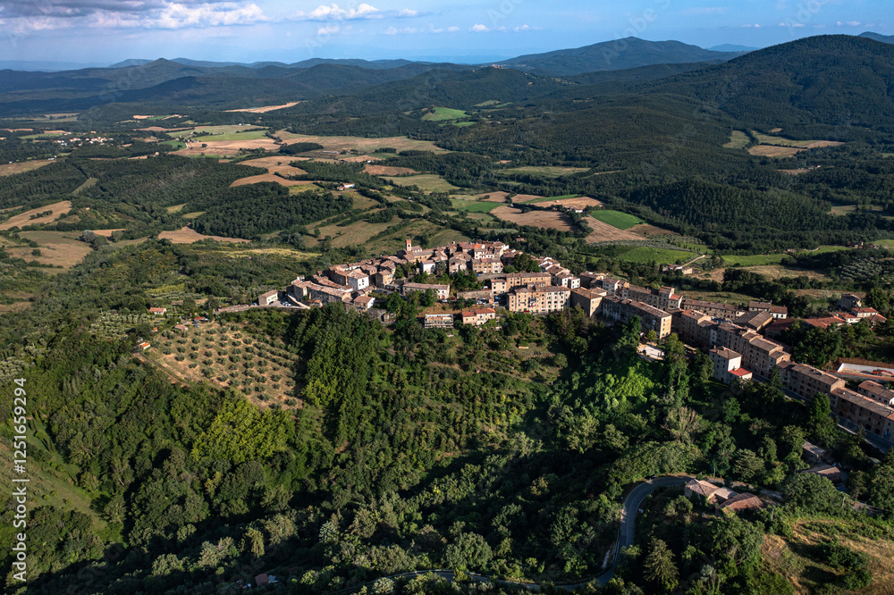 little village of Chiusdino, in the mountains of Tuscany. Italy. August 2024