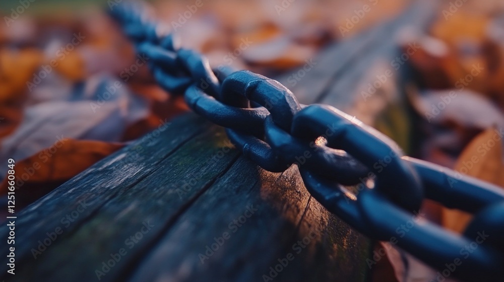 Autumn park chain link on wood, leaves background, symbolic concept Autumn park chain link on wood, leaves background, symbolic concept