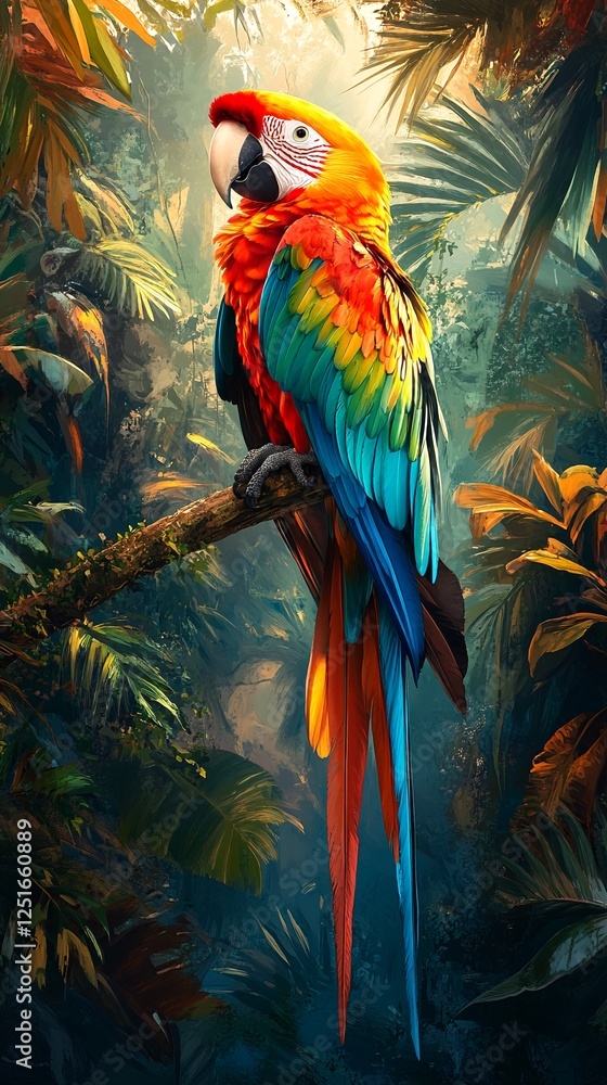 Fototapeta premium A vibrant parrot perches on a branch amidst lush greenery.