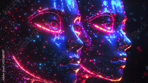 Futuristic cybernetic film studio featuring AI-generated characters in a hyper-realistic digital storytelling revolution