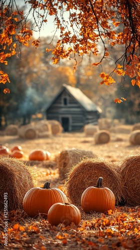 Autumnal Landscape Featuring Pumpkins and Hay Bales. photo