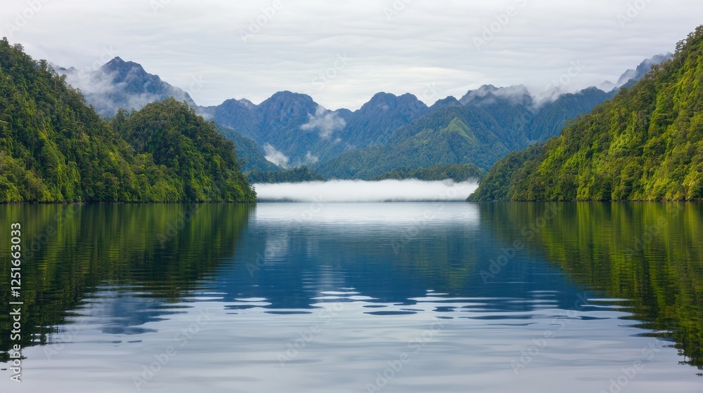 Fototapeta premium Tranquil lake reflection verdant mountains nature photography serene environment wide angle peaceful concept