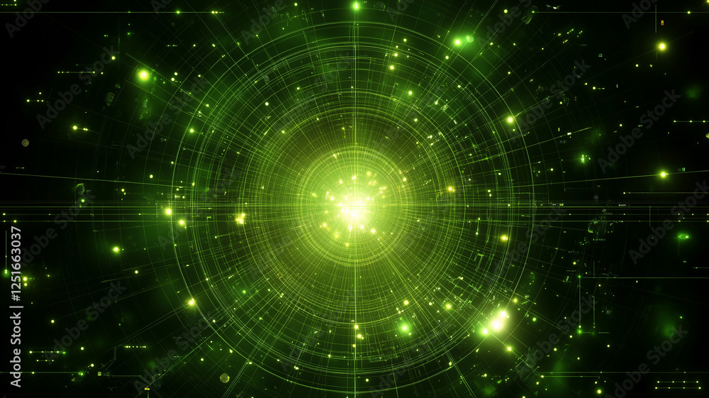 Obraz premium vibrant green abstract background featuring glowing particles and circular patterns, creating sense of depth and energy. Ideal for technology or science themes