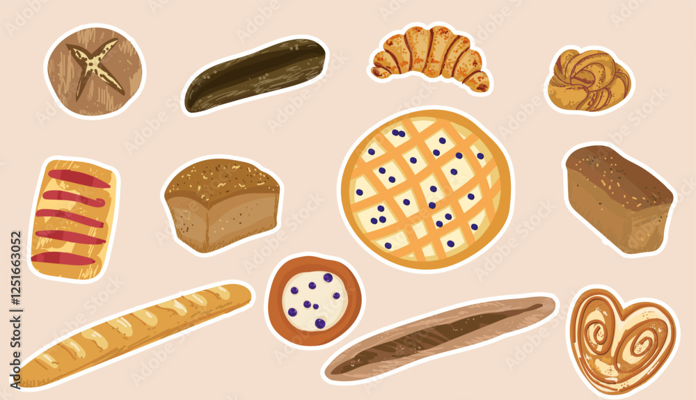 Set of bakery stickers. Croissants, slices of bread and donut. Homemade pastry food and eating. Dessert and delicacy. Tasty snack. Vector hand drawn collection isolated on beige background. Set of bakery stickers. Croissants, slices of bread and donut. Homemade pastry food and eating. Dessert and delicacy. Tasty snack. Vector hand drawn collection isolated on beige background.