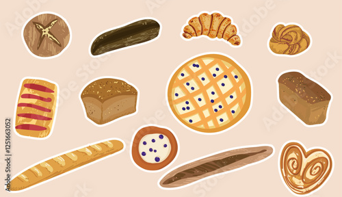 Set of bakery stickers. Croissants, slices of bread and donut. Homemade pastry food and eating. Dessert and delicacy. Tasty snack. Vector hand drawn collection isolated on beige background.