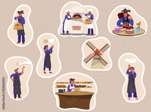 Baker throwing pizza dough. Sticker pack. Preparation cafe, bakery baking. Hand drawn vector art illustrations.