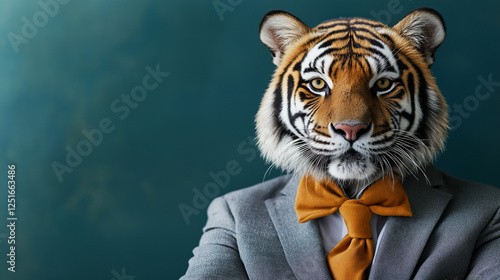 Sophisticated tiger in a suit with bow tie for leadership, business, and creative branding concepts. Copy space photo