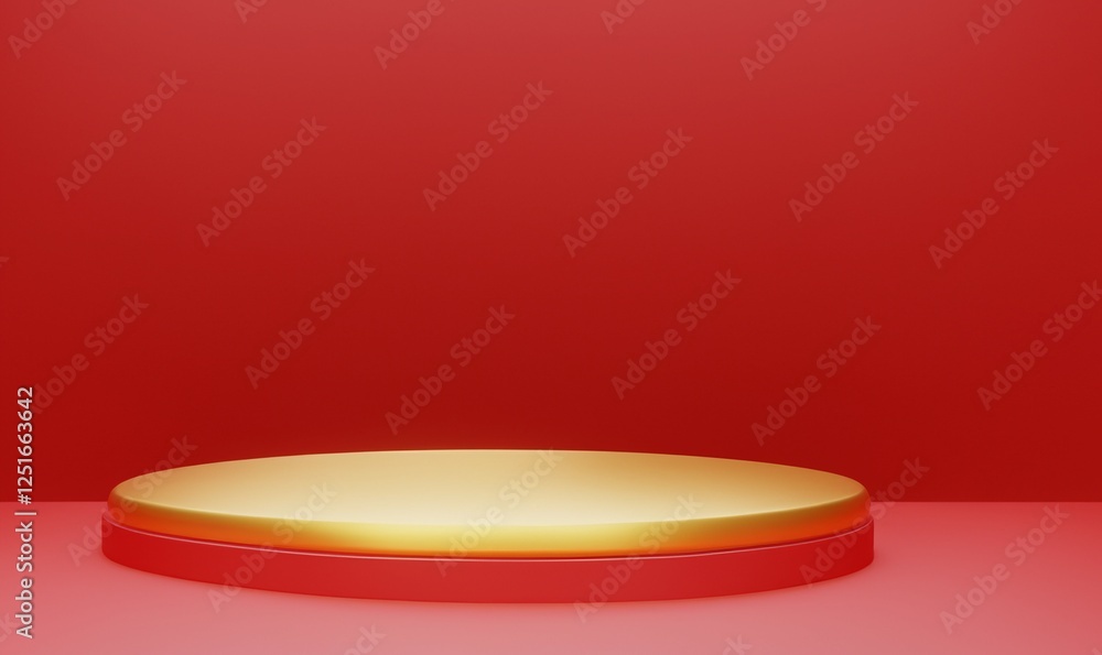 Gold podium on 3D red background. Cylinder shape gold elegant pedestals for an object, or product presentation. Stage podium with lighting stage podium with for award ceremony on red background. Gold podium on 3D red background. Cylinder shape gold elegant pedestals for an object, or product presentation. Stage podium with lighting stage podium with for award ceremony on red background.
