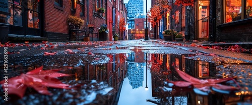 Rainy alleyway reflections, autumn, urban, cozy photo