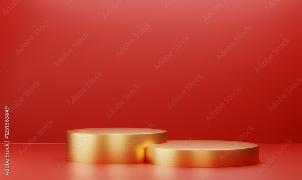 Gold podium on 3D red background. Cylinder shape gold elegant pedestals for an object, or product presentation. Stage podium with lighting stage podium with for award ceremony on red background. Gold podium on 3D red background. Cylinder shape gold elegant pedestals for an object, or product presentation. Stage podium with lighting stage podium with for award ceremony on red background.