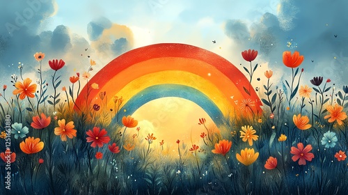 A vibrant floral landscape featuring a radiant rainbow arched over a field of colorful flowers. This enchanting scene captures the essence of nature's beauty and tranquility. photo